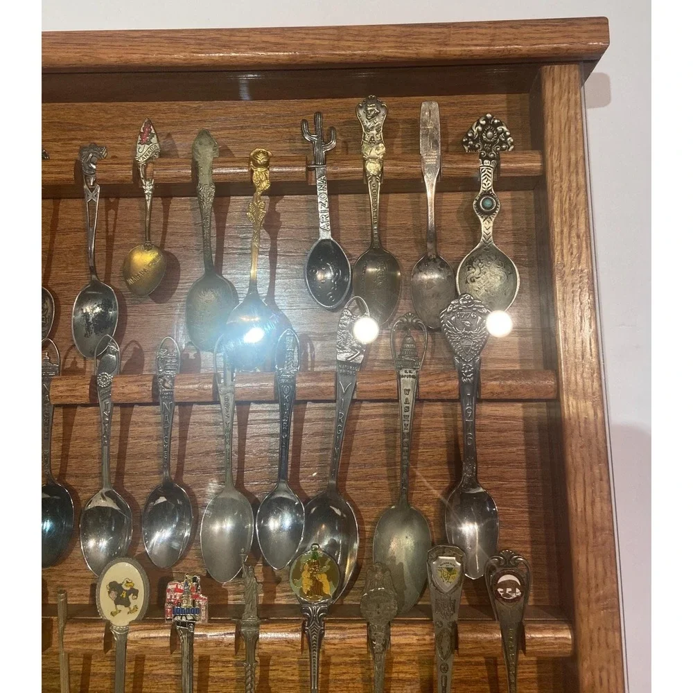 Collectible Souvenir Spoons with Wooden Display Case 44 Spoons Total